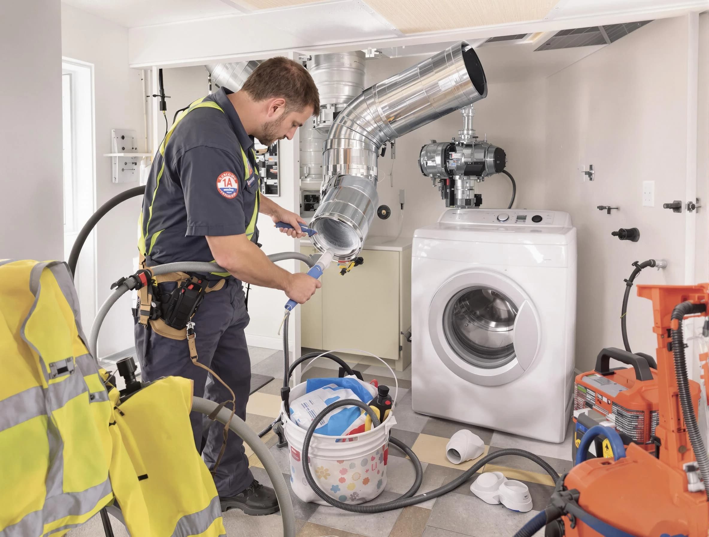 El Monte Dryer Vent Cleaning technician using specialized equipment to clear severe dryer vent blockage in El Monte